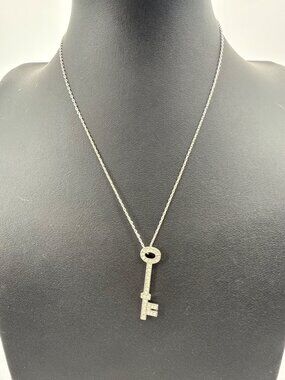 Express Rhinestone Pave Key Pendant Necklace Silver Tone Chic Trendy Dainty